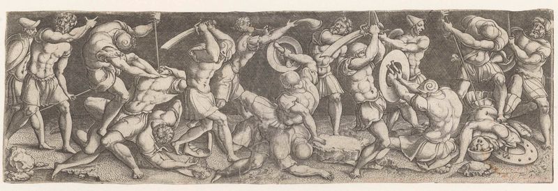 Engraving by Monogrammist AC depicting Roman soldiers in battle