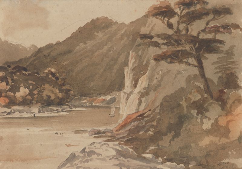 Hawks Crag, Buller River by William Marshall Cooper, oil on canvas depicting a river and cliffs