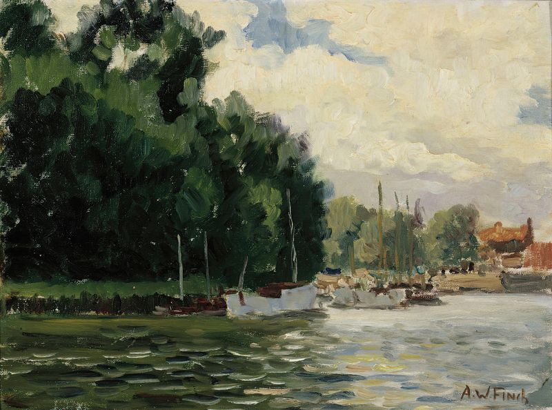 Richmond, Thames by Alfred William Finch, oil on canvas depicting a tranquil river landscape
