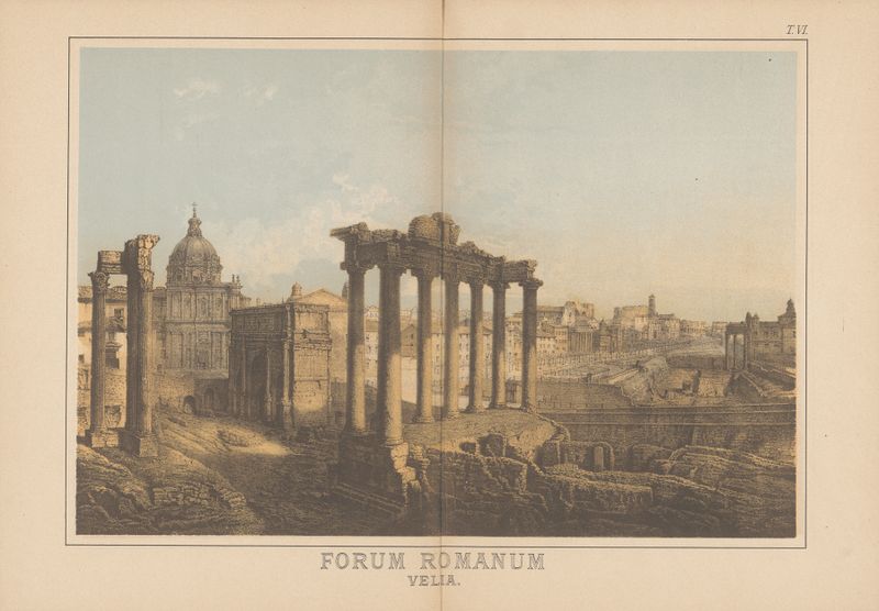 Forum Romanum by Christoph Ziegler, oil on canvas depicting ancient ruins and sunset.