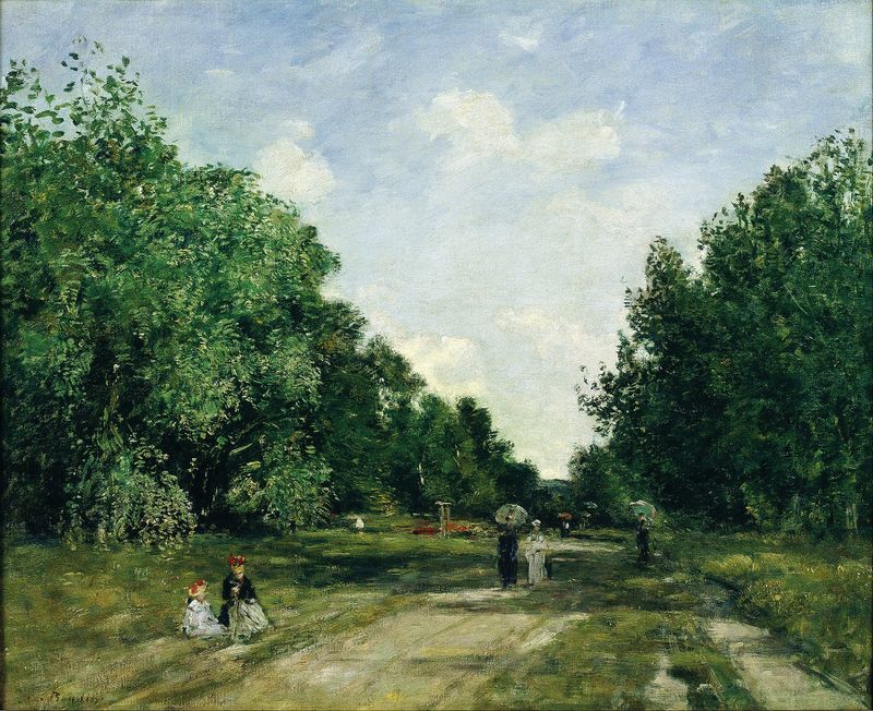 Parc Cordier en Trouville de Eugène Boudin, pintura al óleo de una escena de parque animada.