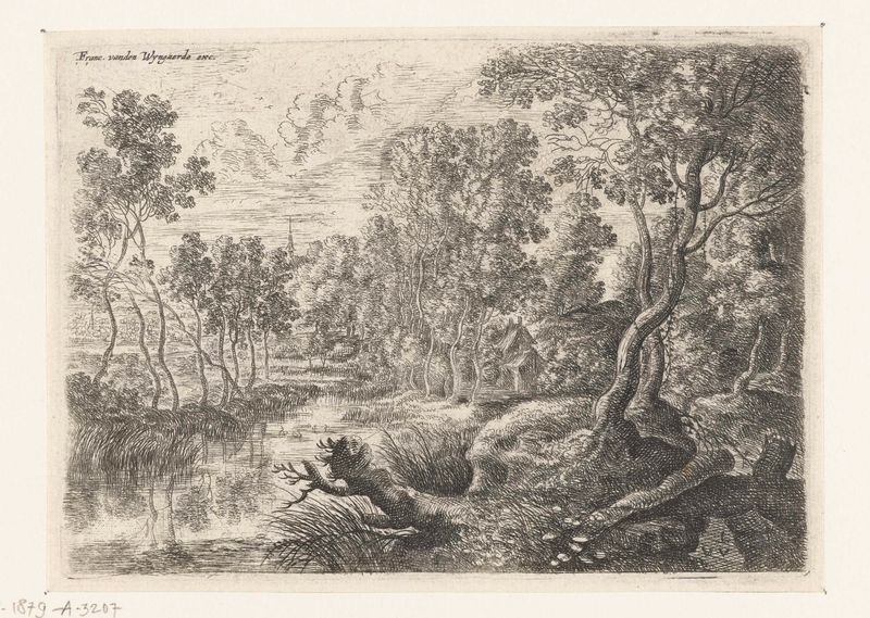 Landschap met een beek by Lucas van Uden, etching depicting a tranquil brook and lush foliage.