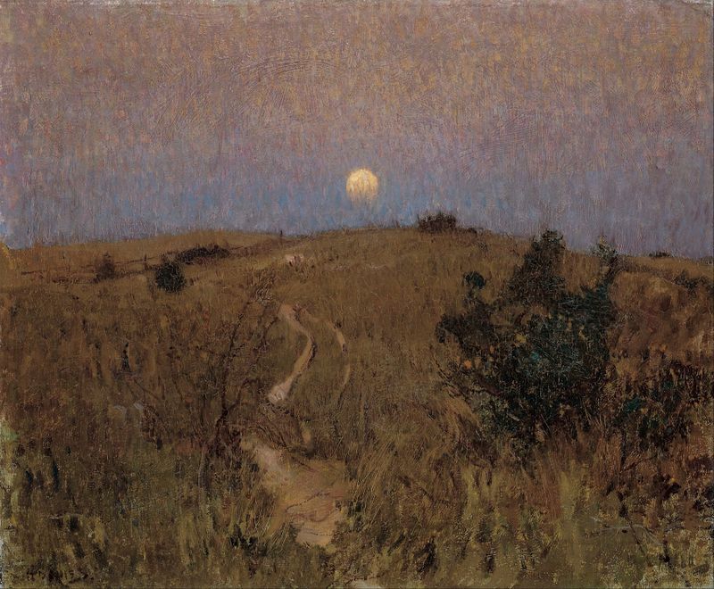 Moonrise by David Davies, oil painting depicting a twilight landscape with deep blues and purples.