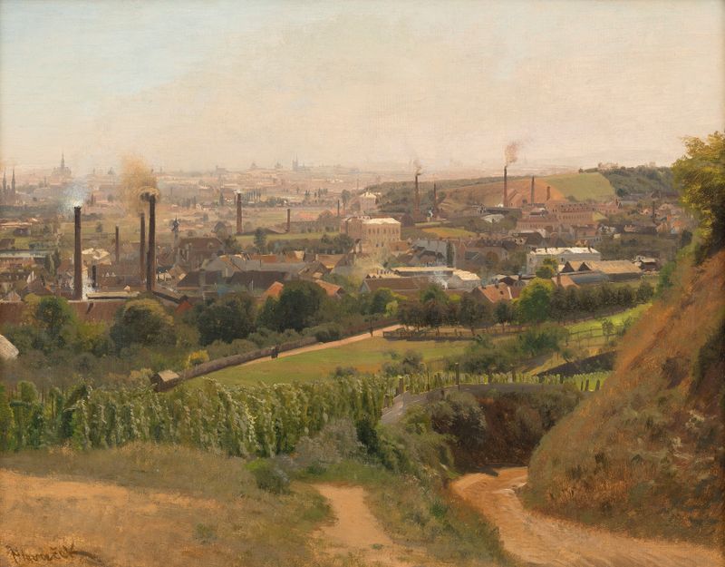 Vista del paisaje desde Nussberg sobre Nussdorf y Viena por Anton Hlavacek, pintura al óleo