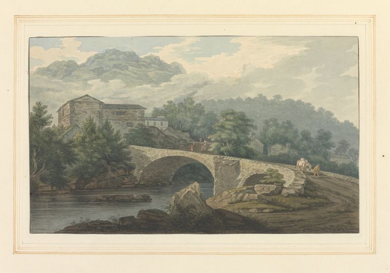 Brathay Bridge de Joseph Farington, óleo sobre tela que retrata uma paisagem exuberante com um rio e luz do sol.