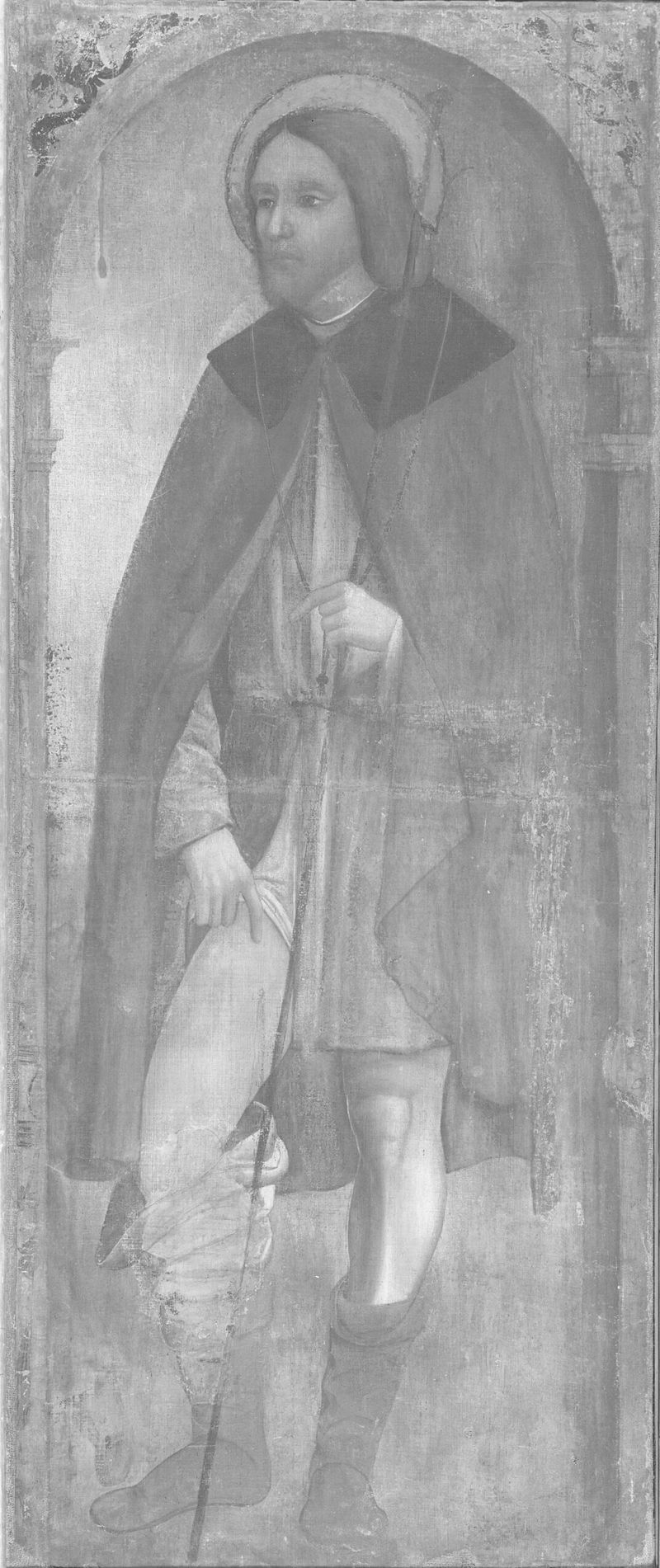 São Roque, meio de madeira por Giovanni Canavesio, está na luz dourada com um olhar introspectivo.