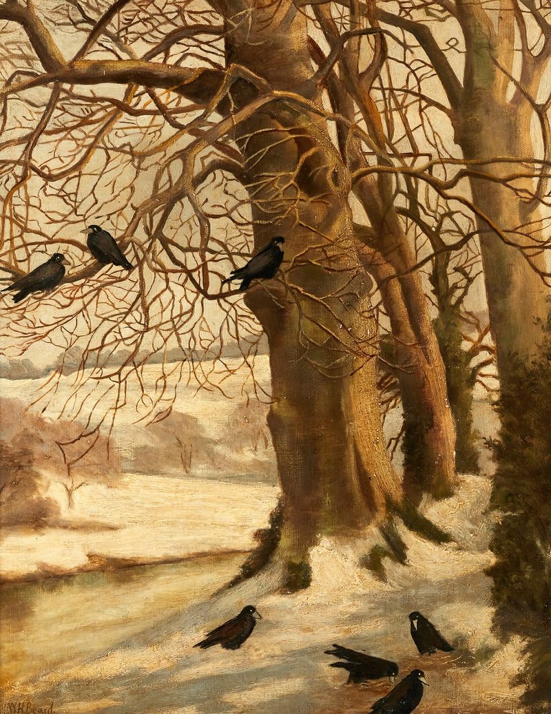 Winterscape with Crows by William Holbrook Beard, realism, depicting crows flying over a snowy landscape