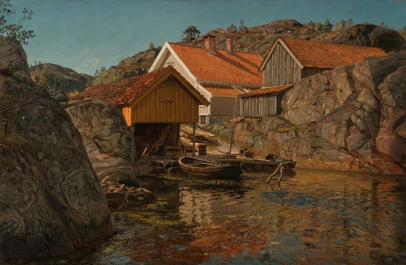Paisagem de penhascos e água, óleo sobre tela de Amaldus Nielsen