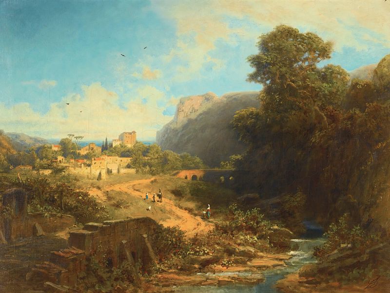 Italienische Landschaft de Carl Spitzweg, óleo sobre lienzo que representa un tranquilo campo italiano