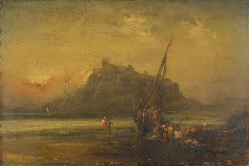 Beach Scene de John Sell Cotman, acuarela sobre papel, que muestra suaves olas y luz solar.
