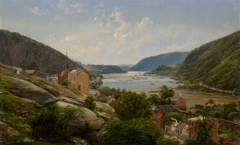 Harper’s Ferry, Virginia by Ferdinand Richardt, oil painting of calm river and rugged cliffs.