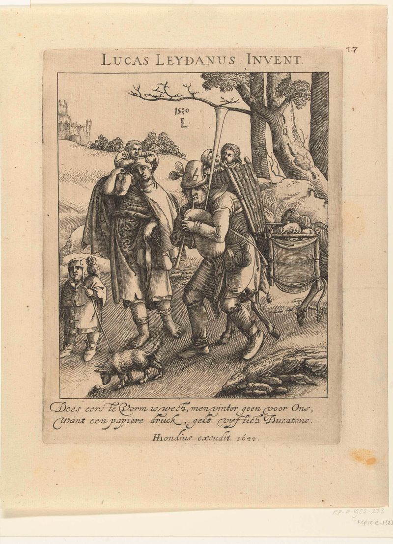 Uilenspiegel: de bedelaarsfamilie, grabado de Unknown Artist que representa a una familia de mendigos en silencio.
