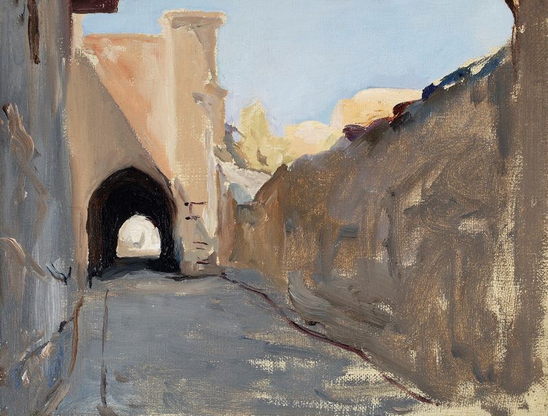 Paisagem de Jerusalém em óleo sobre tela de Jan Ciągliński, com muros antigos e luz dourada.