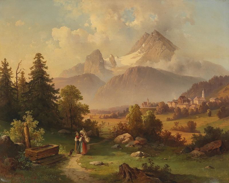 Paisagem com montanhas cobertas de neve e um vale de Edmund Mahlknecht, pintura a óleo