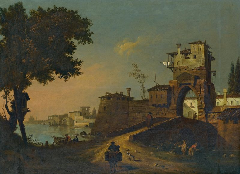 Italian landscape with figures entering a fortified waterside town, oil on canvas by Giovanni Migliara