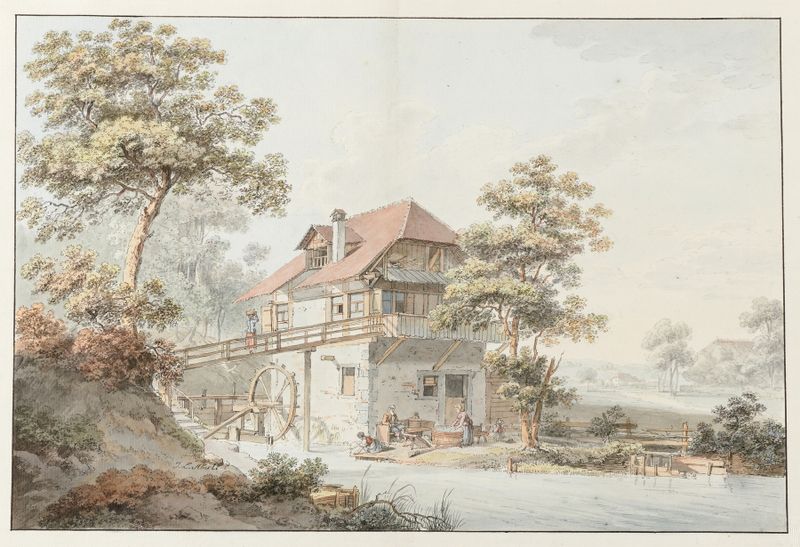 Landscape featuring a mill and hills, oil painting by Johann Ludwig Aberli