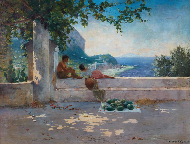 Auf Capri de Theodor Matthei, óleo sobre lienzo que representa villas y el mar.