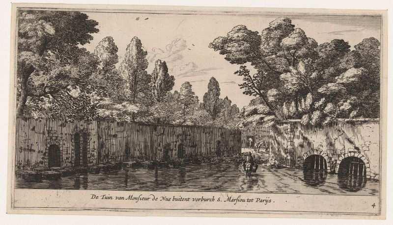 Tuin van Monsieur de Nue buiten de Parijse voorstad Marsiou, grabado de Reinier Nooms que representa un jardín exuberante.