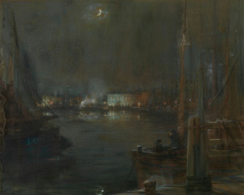 Evening at the Ostend Harbour by Lieven Herremans, oil on canvas depicting boats at dusk.