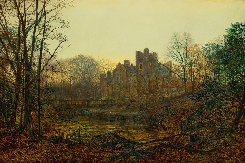 An October Afterglow de John Atkinson Grimshaw, pintura al óleo que representa un paisaje al atardecer.