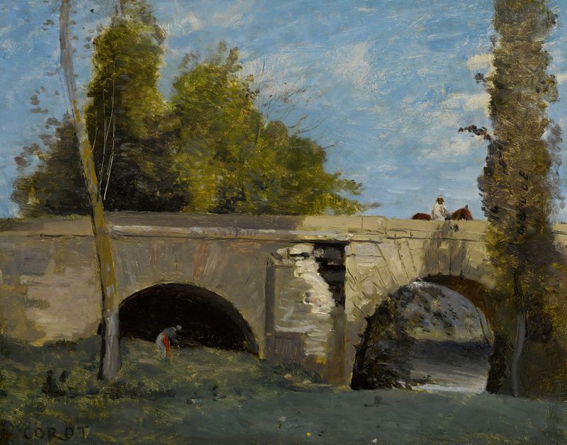 Paisaje con un puente y un jinete, pintura al óleo de Jean-Baptiste-Camille Corot