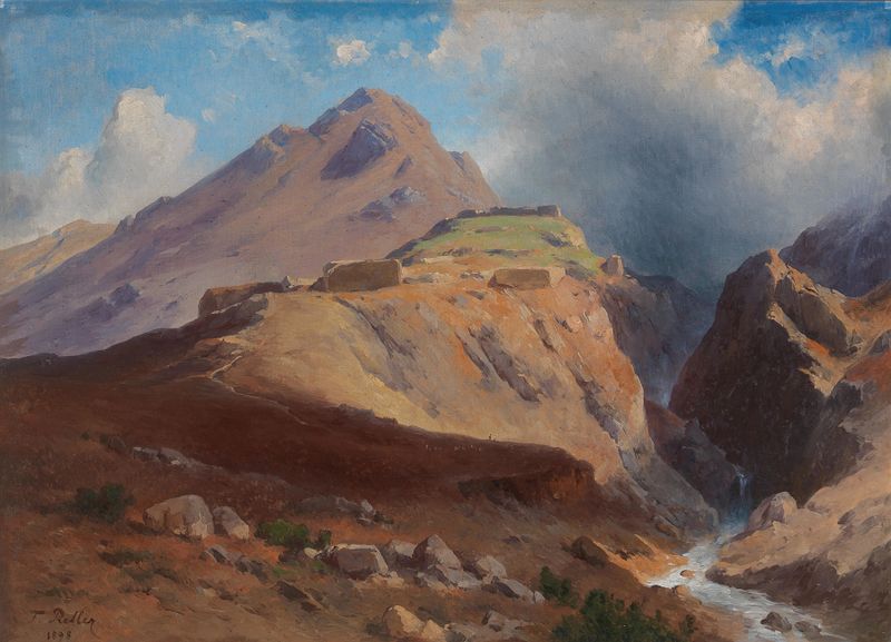 Felsenlandschaft Mykene, óleo sobre lienzo de Friedrich Preller The Younger, que representa un paisaje rocoso.
