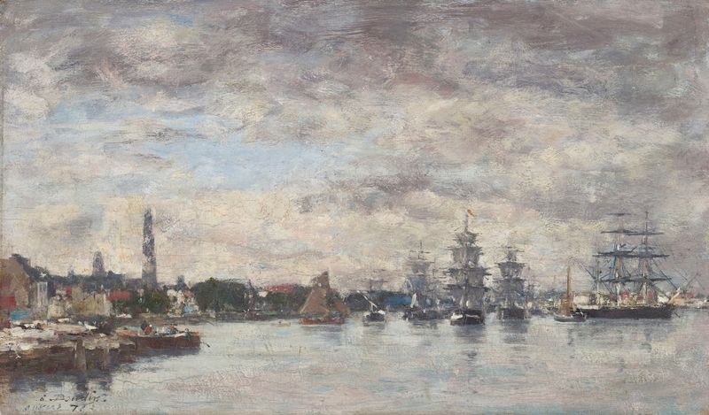 óleo de Eugène Boudin mostrando barcos em um rio sob um céu nublado