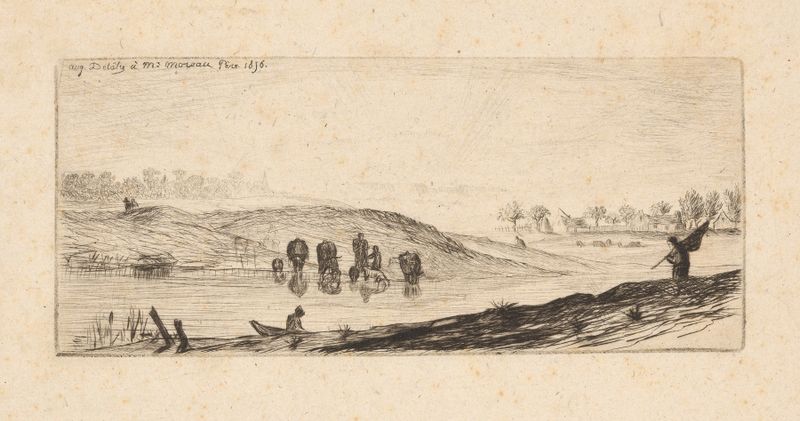 Landscape with Cows Near River by Auguste Delâtre, oil painting depicting cows by a river.