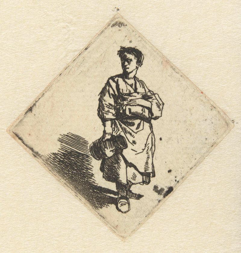Mujer de pie sosteniendo una jarra, grabado de Cornelis Pietersz. Bega
