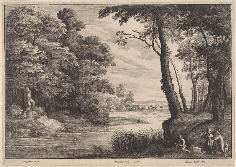 Waterrijk landschap met reiger en jagers, grabado de Wenceslaus Hollar que muestra cazadores en un paisaje tranquilo.