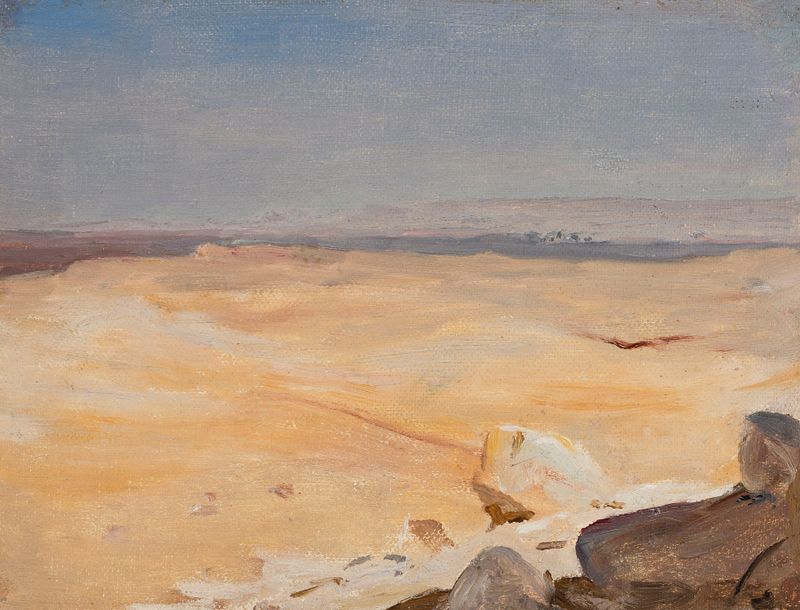 Motivo desértico de Jan Ciągliński, pintura a óleo que retrata uma vasta paisagem árida com tons terrosos vibrantes.