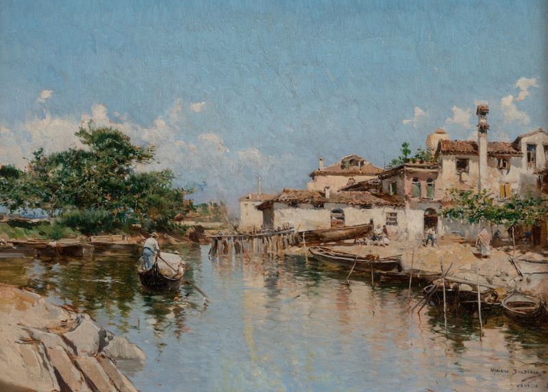 Venezia de Mariano Barbasán, pintura a óleo que retrata a arquitetura de Veneza e seus reflexos.