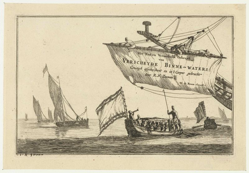 Gravura Statensloep en zeilschepen op kalm water de Reinier Nooms mostrando barcos em água calma