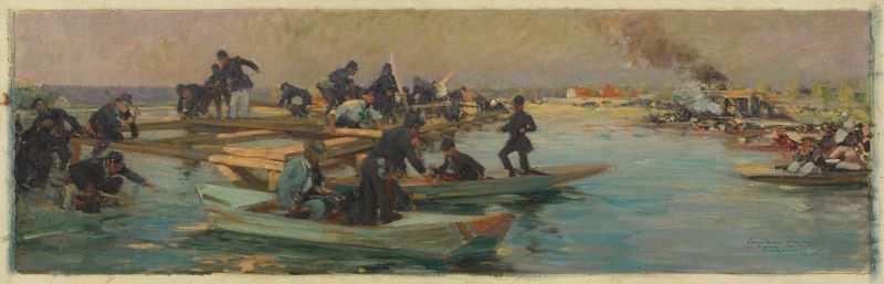 Landscape depicting a bridge and soldiers, oil painting by Raoul Arus