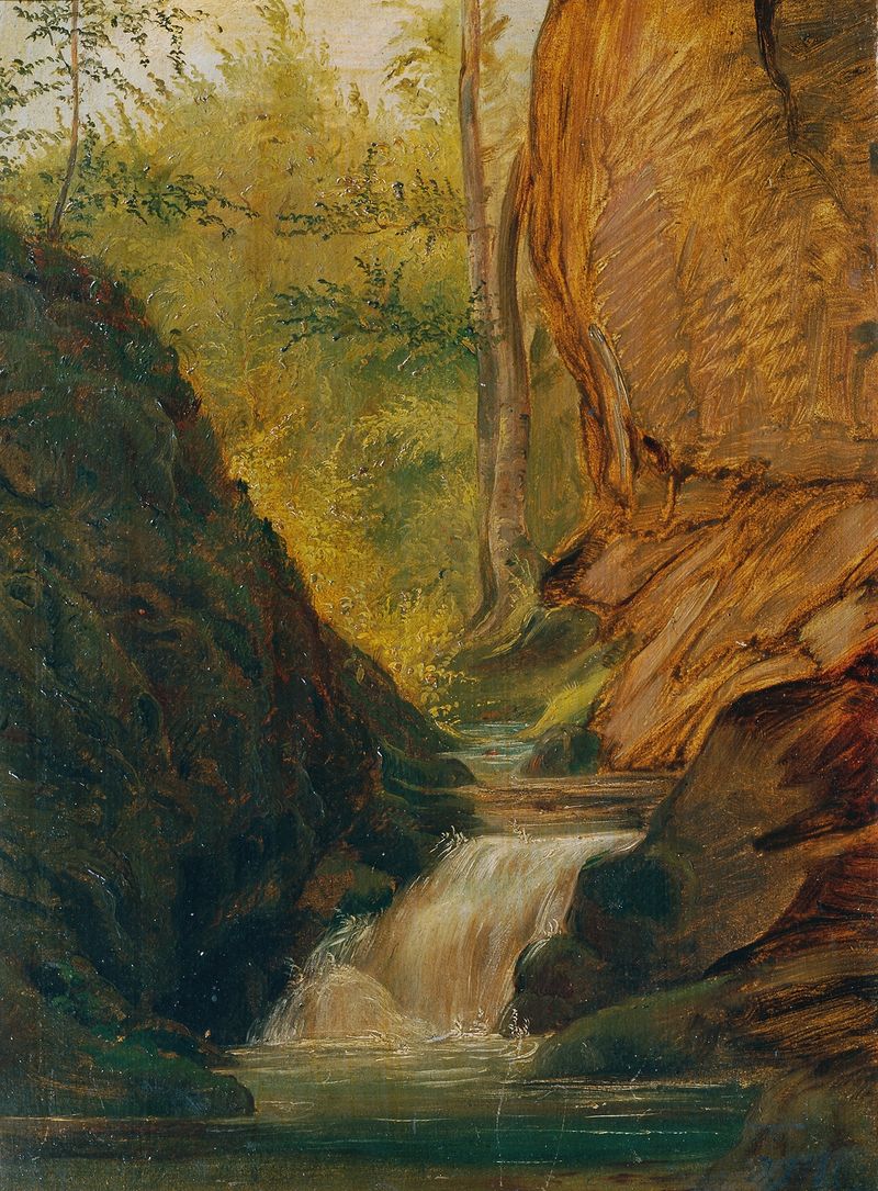 Pintura al óleo de Johann Till the younger que muestra un arroyo tranquilo rodeado de árboles