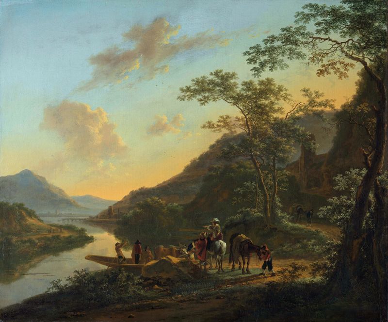 Italian Landscape with Ferry by Jan Both, oil on canvas showing a ferry on a river at twilight