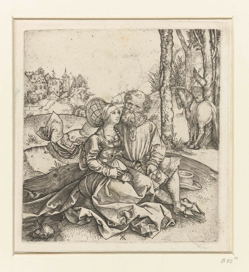 Gravura de Albrecht Dürer retratando um velho e uma jovem em um momento íntimo