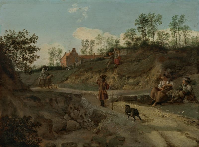 A rural landscape with figures conversing, oil on canvas by Jan van der Heyden