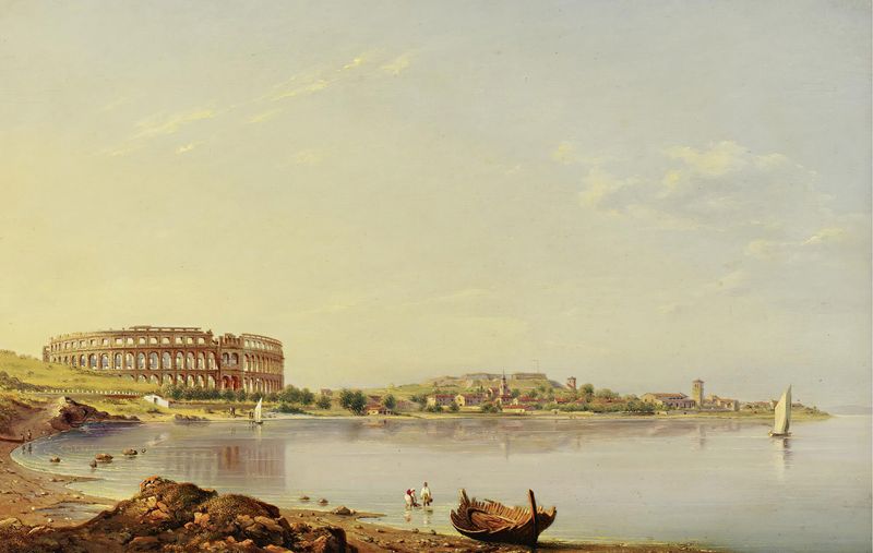 Paisagem de Pula com a arena romana, óleo sobre tela de August Anton Tischbein.