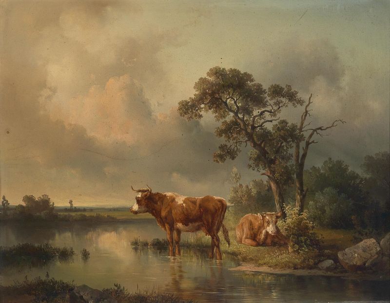Rastende Kühe am Weiher by Edmund Mahlknecht, realism, cows by a tranquil pond