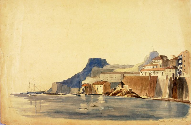 Castle at Corfu, Greece, oil on canvas by Miner Kilbourne Kellogg, featuring a rugged coastline and imposing castle.