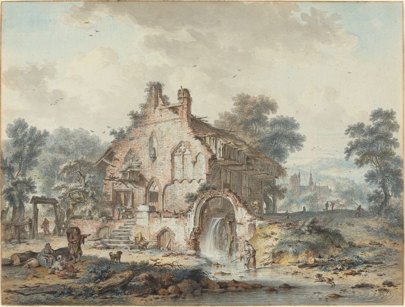Rustic watermill cercada por ruínas góticas, óleo sobre tela de Hendrik de Meyer II