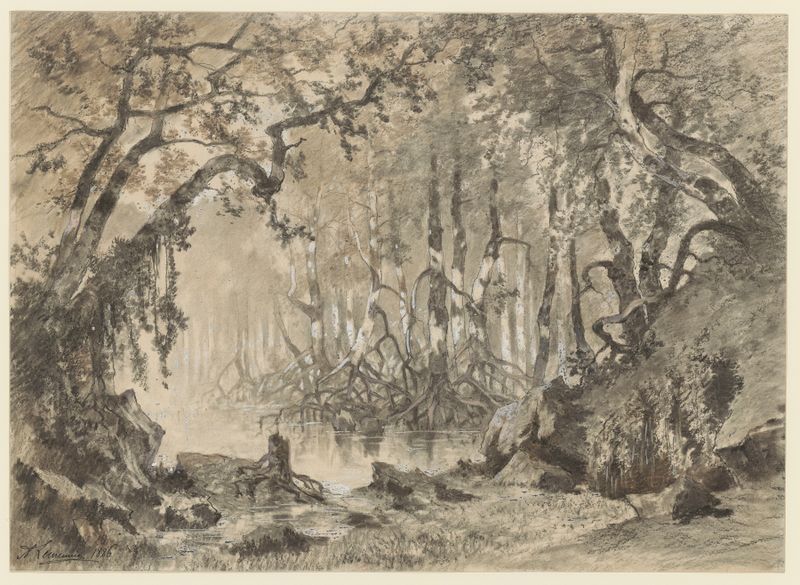 Mixed media by Alfred Lemeunier depicting a crocodile in a lush landscape