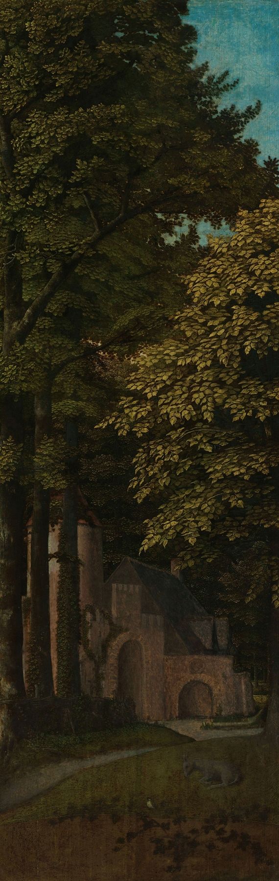 View in a Forest, pintura al óleo de Gerard David que muestra un paisaje tranquilo con un arroyo y vegetación exuberante.