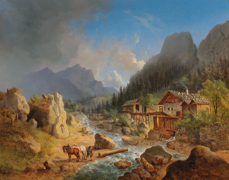 Paisaje montañoso con un molino en un arroyo de Franz Xaver Hofstetten, pintura al óleo