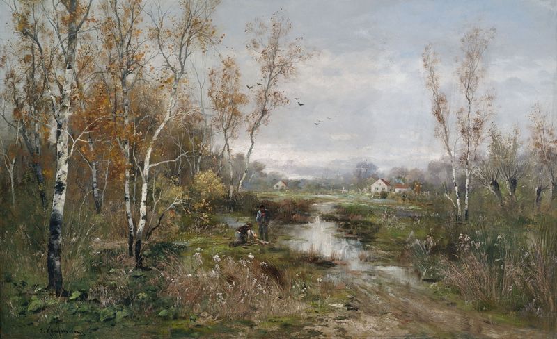 Paisaje de otoño con abedules, pintura al óleo de Adolf Kaufmann