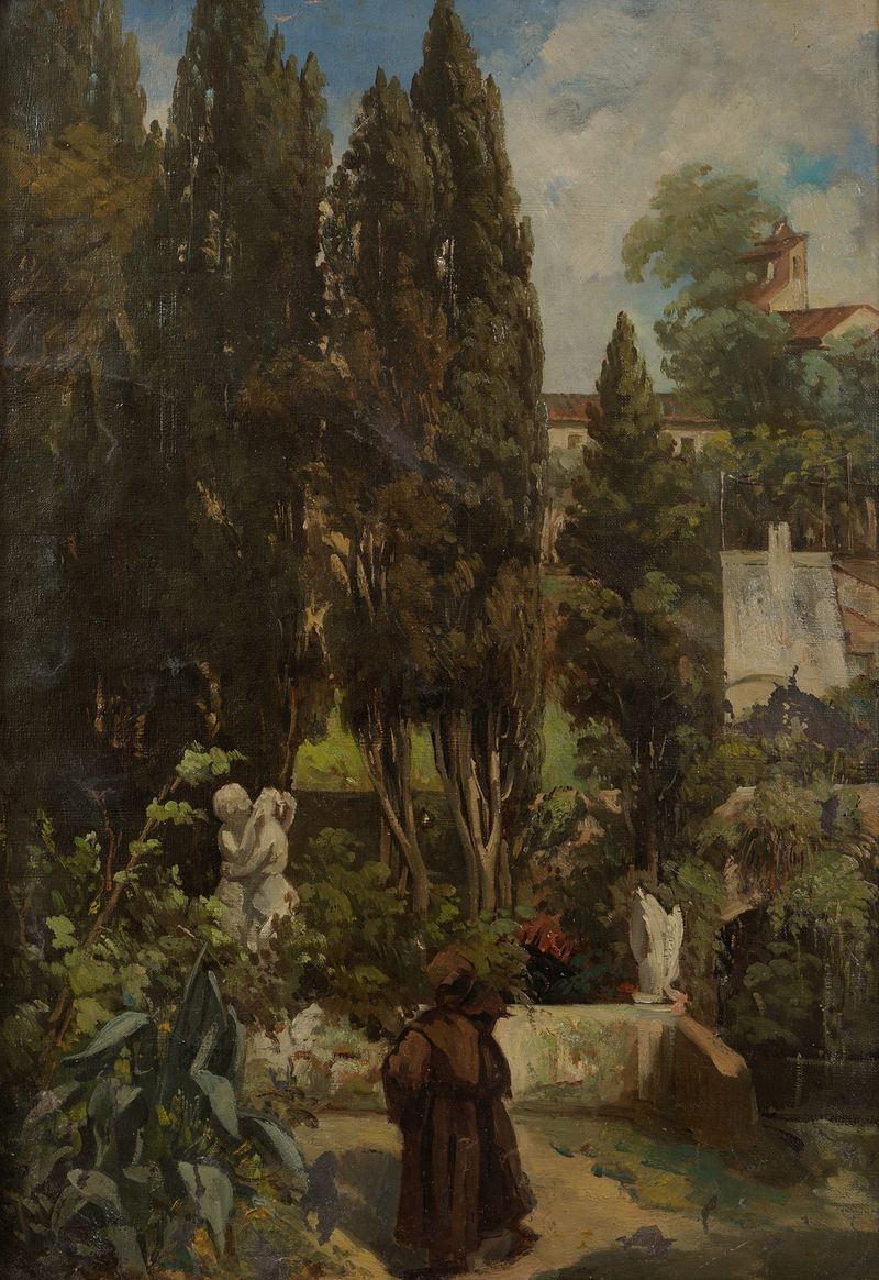 Villa d’Este de Julie Wilhelmine Hagen-Schwarz, óleo sobre lienzo que muestra fuentes y jardines