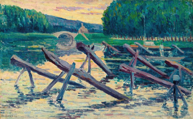 Les chevalets sur la Cure, óleo sobre lienzo de Maximilien Luce, con caballetes junto a un río.
