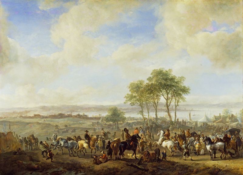 The Horse Fair de Philips Wouwerman, pintura al óleo que muestra una animada escena de mercado de caballos