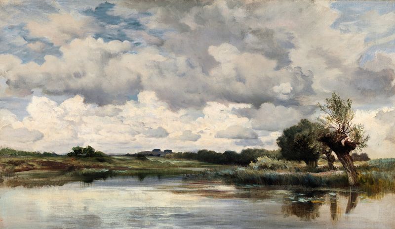 Paisagem perto de Pangbourne de Keeley Halswelle, óleo sobre tela mostrando colinas onduladas e luz dourada.